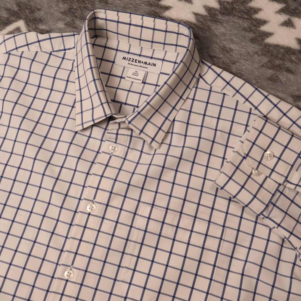 Mizzen+Main Performance Shirt Mens XL Classic No Tuck Blue Windowpane Button